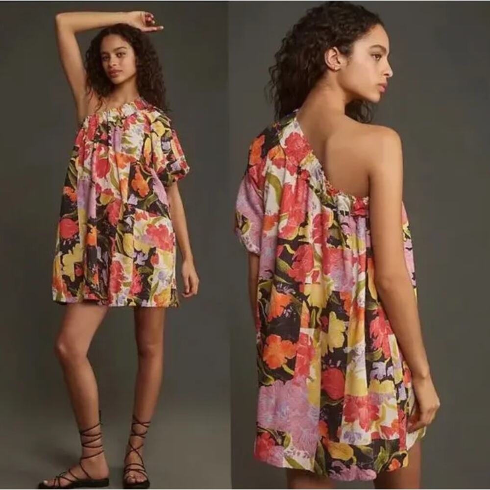 NWT Anthropologie x Yukiko Noritake One-Shoulder Mini Shift Dress Sz L Linen